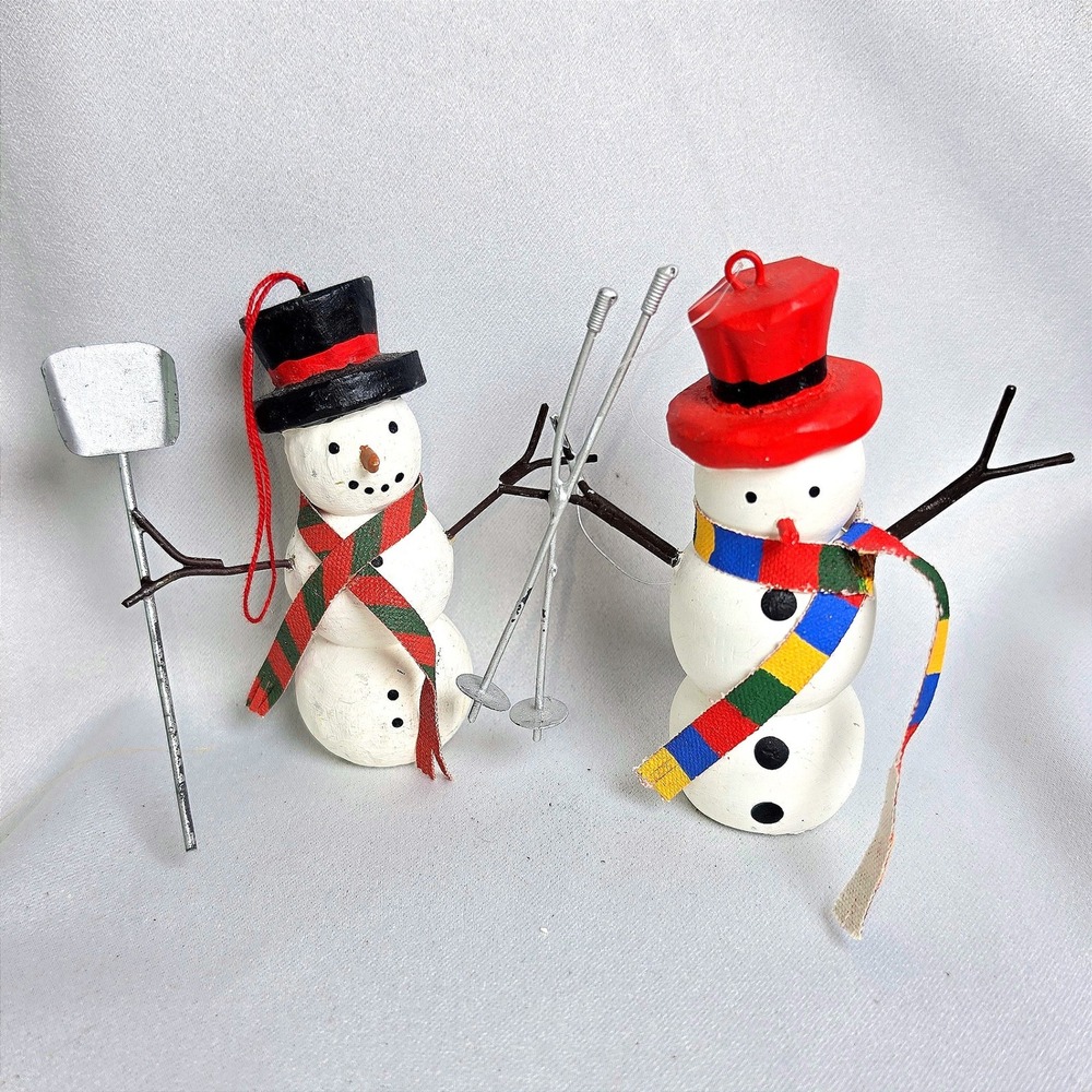 Vintage Snowman Christmas Ornaments Set of 2 Skier Shoveler Winter Decor